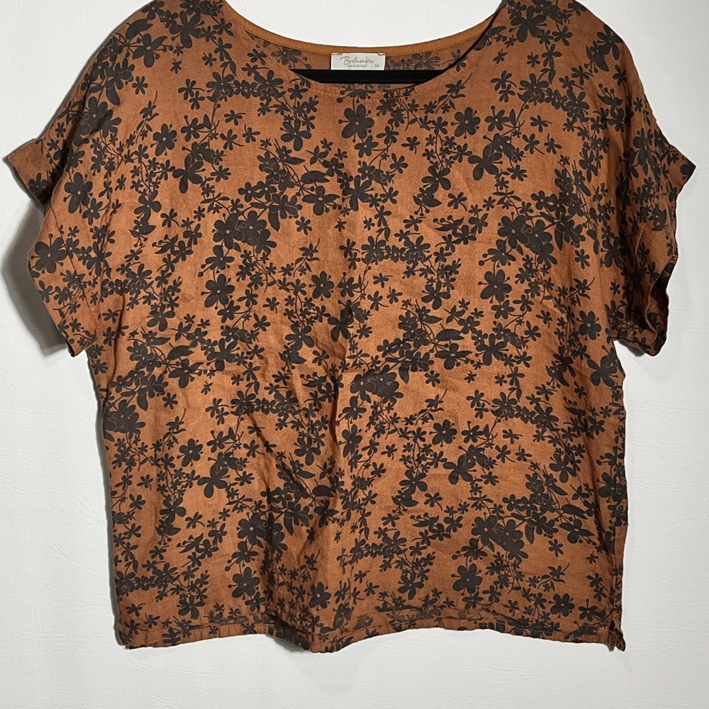 Bellambia Italian Linen Brown Floral Short Sleeve Top sz Medium